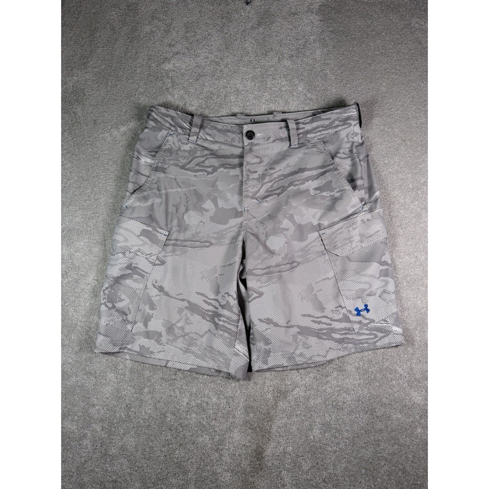 Under Armour Mens 36 HeatGear Grey Camo Cargo Shorts Loose Fit Digital Print